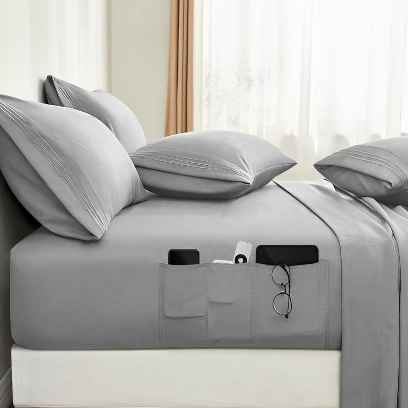 BYSURE 6 Pieces Bed Sheets Set with Pockets on Side(Full, Light Grey), Sweat-Wicking Breathable Sheets, 16-inch Super Soft Hotel Embroidered Microfiber Sheet Set - Image 1